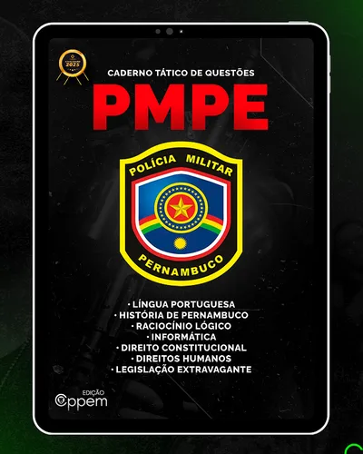 Capa do Caderno Tático de Questões PMPE em um tablet